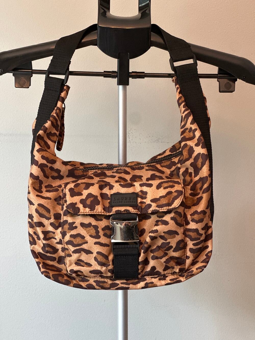 Lauren Ralph Lauren Leopard Print Nylon Hobo bag Shoulder Utility Purse Brown